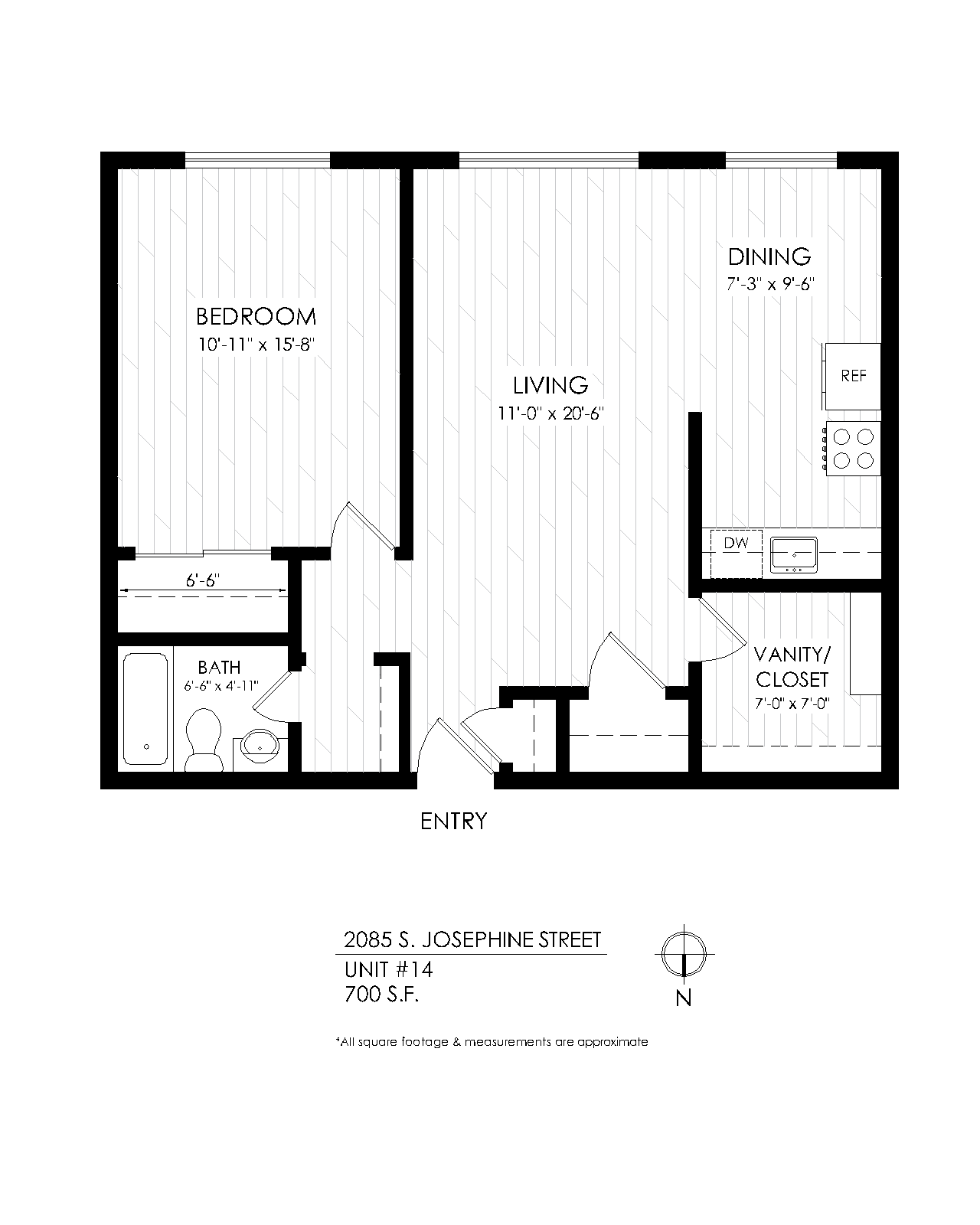 Floor plan for 1 bed, 1 bath, 690 sqft